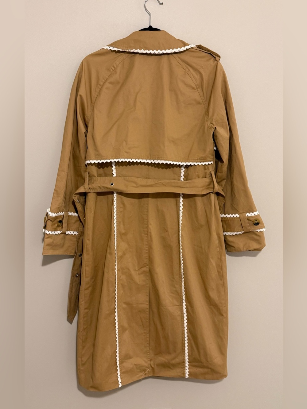 Camel Trench Coat White Ric Rac Trim Belted Double Breasted Statement Jacket - Picture 6 of 9